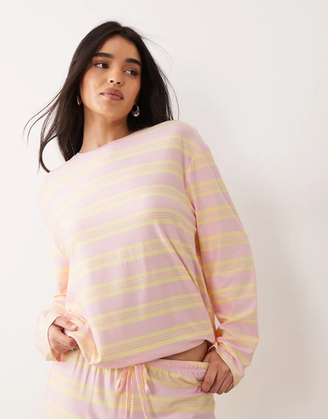  Kaiia Top A Rayas Rosas Y Amarillo Limón Extragrande De Manga Larga Con Cuello Redondo De Punto Supersuave De Kaiia (parte De Un Conjunto)-multicolor 