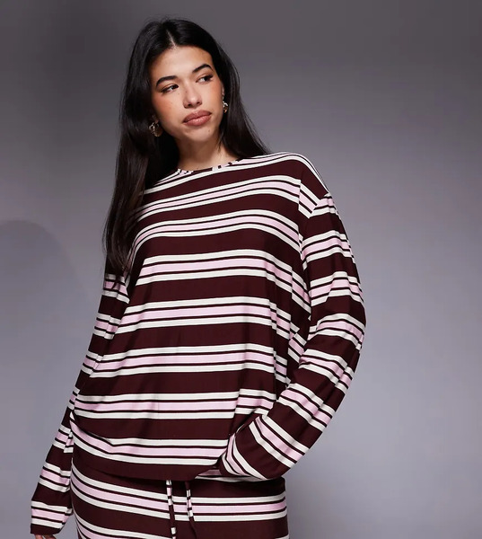  Kaiia Top Burdeos A Rayas Rosas Extragrande De Manga Larga Con Cuello Redondo De Punto Liso Muy Suave Exclusivo De Kaiia (parte De Un Conjunto)-multicolor 