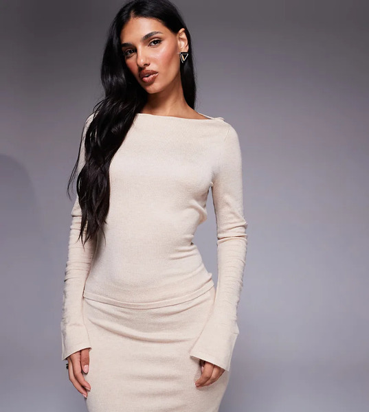  Kaiia Top Color Avena De Manga Larga Con Cuello Desbocado Y Lazada En La Espalda De Punto Fino Exclusivo De Kaiia (parte De Un Conjunto)-neutro 