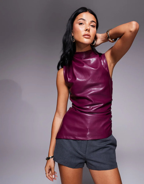  Kaiia Top Color Ciruela Asimétrico Y Fruncido Con Cuello Alto De Tejido Efecto Cuero Suave Exclusivo De Kaiia-morado 