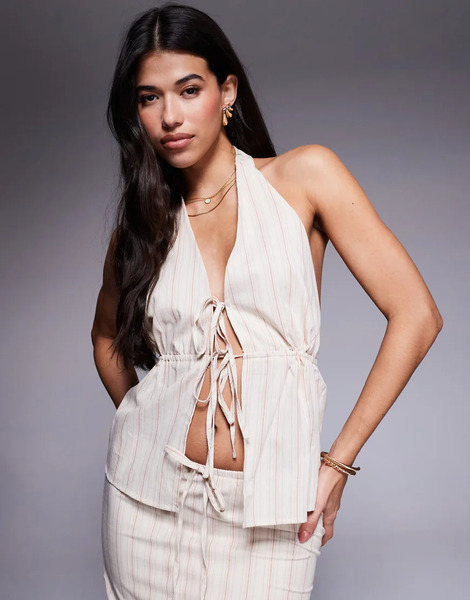  Kaiia Top Color Crema A Rayas Con Cuello Halter Y Detalle De Lazadas De Algodón Efecto Lino Exclusivo De Kaiia (parte De Un Conjunto)-multicolor 