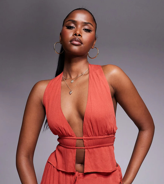  Kaiia Top Corto Color óxido Escotado Sin Mangas Con Lazada En La Espalda Exclusivo De Kaiia (parte De Un Conjunto)-naranja 