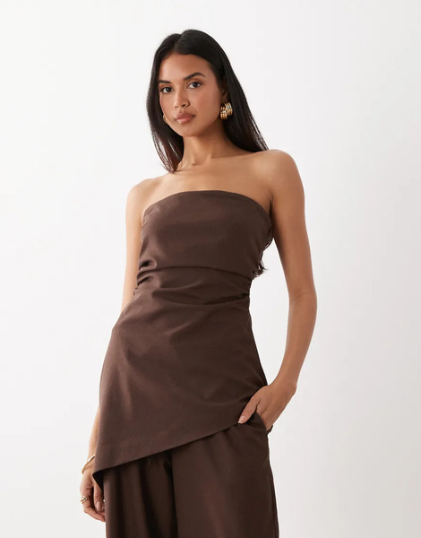  Kaiia Top Marrón Asimétrico Con Escote Palabra De Honor De Mezcla De Lino Exclusivo De Kaiia (parte De Un Conjunto)-brown 