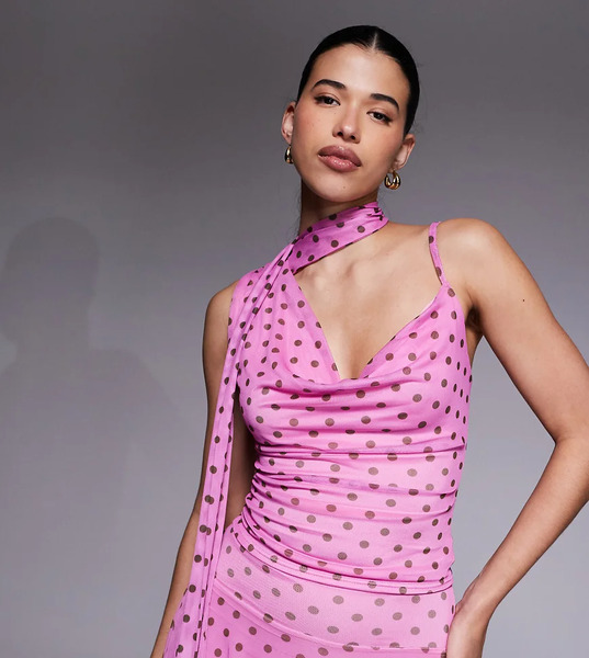  Kaiia Top Rosa Ceñido Con Estampado De Lunares Marrones, Cuello Desbocado Y Detalle De Fular De Malla Exclusivo De Kaiia (parte De Un Conjunto)-multicolor 