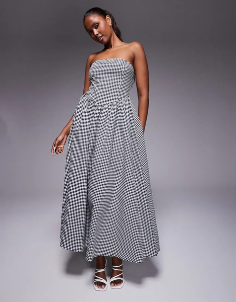  Kaiia Vestido Largo A Cuadros Vichy Negros Con Escote Palabra De Honor Estructurado Y Cintura De Pico De Tejido Rico En Algodón Exclusivo De Kaiia-multicolor 