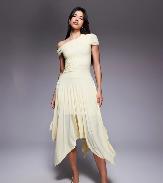  Kaiia Vestido Largo Amarillo Limón Ceñido Con Cintura Baja, Bajo De Picos Y Detalle Drapeado Asimétrico De Tejido Doble Exclusivo De Kaiia 