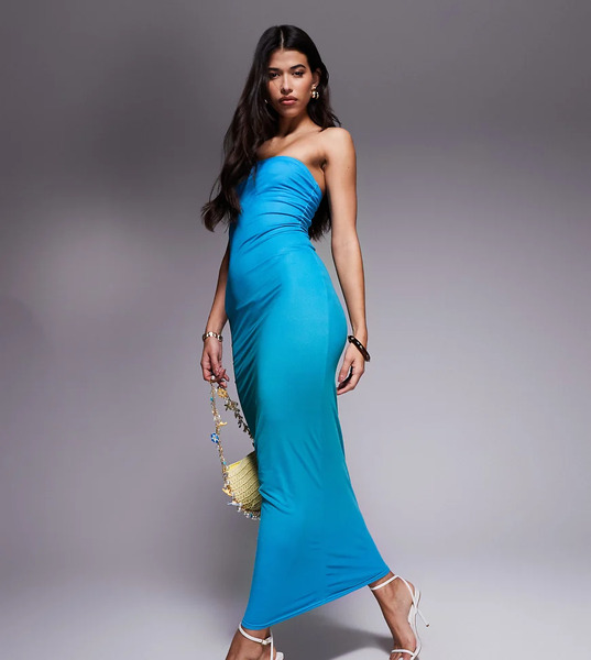  Kaiia Vestido Largo Azul Y Verde Degradado Ceñido Con Escote Palabra De Honor De Malla Doble Exclusivo De Kaiia 