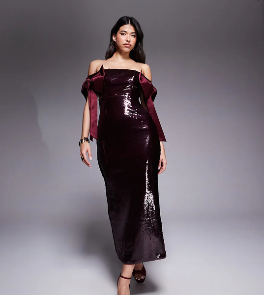  Kaiia Vestido Largo Burdeos Con Escote Bardot Y Detalle De Lazos Extragrandes De Lentejuelas Exclusivo De Kaiia-rojo 