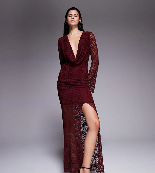  Kaiia Vestido Largo Burdeos Con Mangas Acampanadas, Cuello Desbocado Y Abertura Hasta El Muslo De Encaje Exclusivo De Kaiia-rojo 