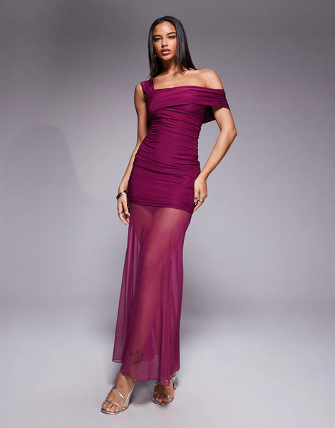  Kaiia Vestido Largo Color Frambuesa Ceñido Asimétrico Con Bajo Transparente De Tejido Doble Exclusivo De Kaiia-rojo 