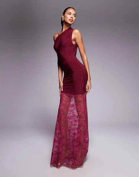  Kaiia Vestido Largo Color Frambuesa Ceñido Asimétrico De Tejido Doble Con Hombro Caído Retorcido Y Falda De Encaje Transparente Exclusivo De Kaiia-morado 