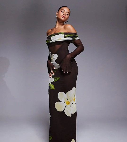  Kaiia Vestido Largo Marrón Ceñido Con Estampado Floral Crema, Mangas ángel, Escote Bardot Y Detalle De Paneles Transparentes De Malla Exclusivo De Kaiia-multicolor 
