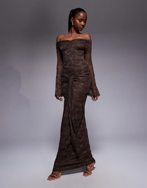  Kaiia Vestido Largo Marrón Chocolate Ceñido Con Mangas Acampanadas, Escote Bardot, Lazada En La Cintura Y Detalle Drapeado De Encaje Doble Exclusivo De Kaiia-brown 