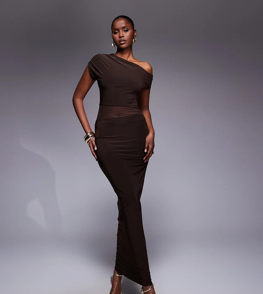  Kaiia Vestido Largo Marrón Chocolate Ceñido De Tejido Doble Con Hombro Caído Drapeado Y Panel De Malla Transparente Exclusivo De Kaiia-brown 