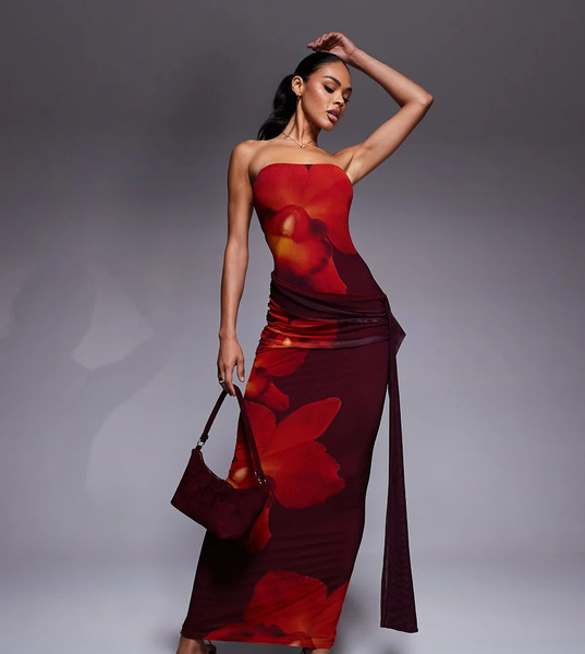  Kaiia Vestido Largo Marrón Y Naranja Ceñido Con Escote Palabra De Honor, Detalle Drapeado Y Lazada En El Lateral Y Estampado Floral De Tejido Doble De Malla Exclusivo De Kaiia-multicolor 