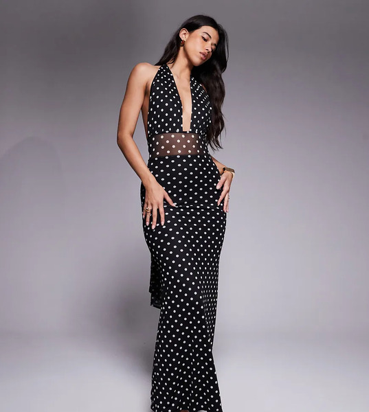  Kaiia Vestido Largo Monocromático Con Estampado De Lunares, Panel Transparente Y Cuello Halter Escotado Exclusivo De Kaiia-multicolor 