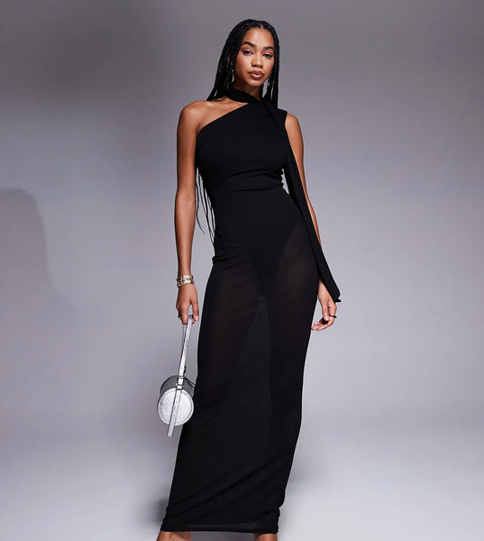  Kaiia Vestido Largo Negro Asimétrico Con Detalle De Fular Y Detalle Transparente De Malla Exclusivo De Kaiia 