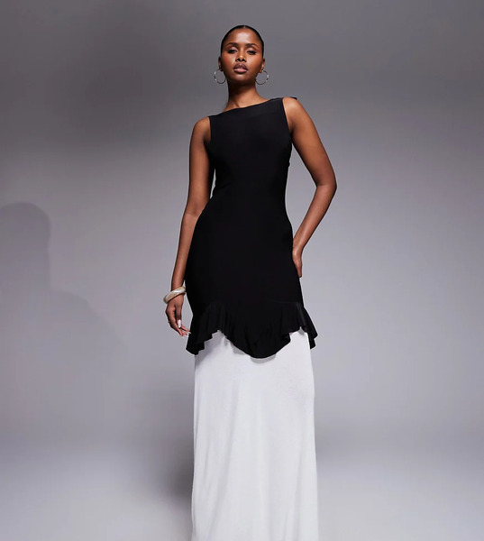  Kaiia Vestido Largo Negro Ceñido Con Cuello Alto, Espalda Abierta Y Detalle De Volantes De Chifón Exclusivo De Kaiia 