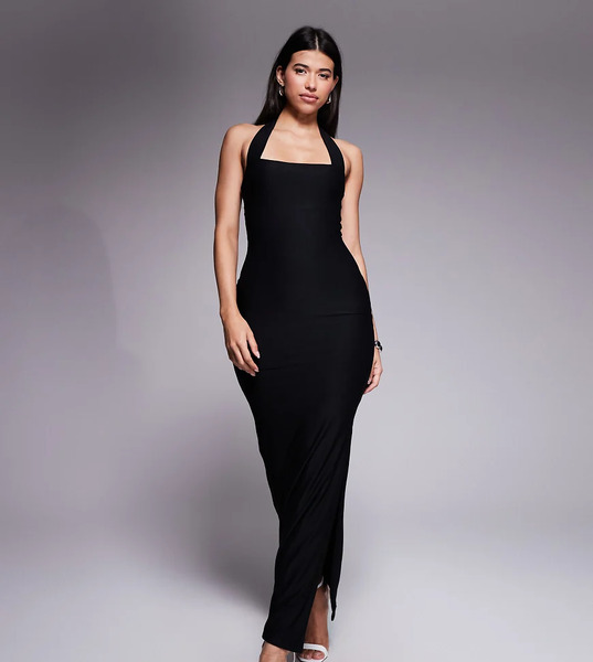  Kaiia Vestido Largo Negro Ceñido Con Cuello Halter Cuadrado De Algodón Premium Suave Al Tacto Exclusivo De Kaiia 