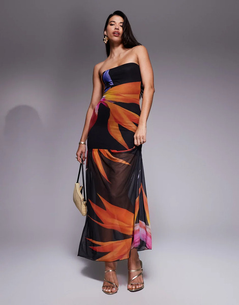  Kaiia Vestido Largo Negro Ceñido Con Estampado Floral, Escote Palabra De Honor Y Detalle De Bajo Fruncido De Tejido Doble De Malla Transparente Exclusivo De Kaiia 