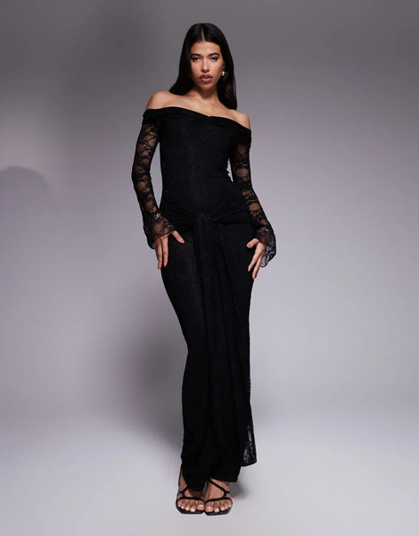  Kaiia Vestido Largo Negro Ceñido Con Mangas Acampanadas, Escote Bardot, Lazada En La Cintura Y Detalle Drapeado De Tejido Doble De Encaje Exclusivo De Kaiia 