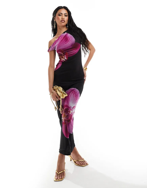  Kaiia Vestido Largo Negro Ceñido Y Asimétrico Con Diseño De Doble Capa, Estampado De Flor Morada Y Capa Exterior De Malla Exclusivo De Kaiia-multicolor 