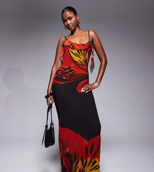  Kaiia Vestido Largo Rojo Ceñido De Tirantes Con Estampado Floral, Espalda Desbocada Y Volantes De Tejido De Doble Capa Exclusivo De Kaiia 