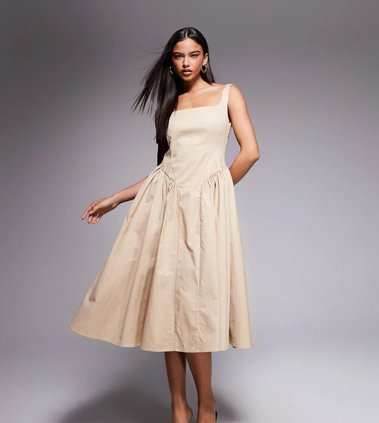  Kaiia Vestido Midi Beis Con Cuello Cuadrado Y Detalle Fruncido En La Cadera De Tejido Rico En Algodón Exclusivo De Kaiia-neutro 