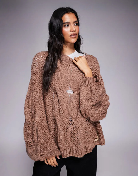  Kiwi & Co Jersey Marrón Moca Extragrande Y Holgado Con Mangas Globo Con Detalles De Punto De Ochos De Punto Con Lana Cosido A Mano Daydream De Kiwi & Co-brown 