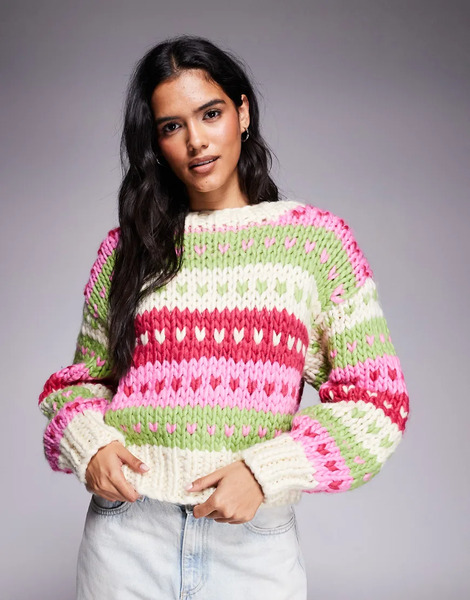  Kiwi & Co Jersey Rosa Y Verde Lima Con Patrón De Grecas Alpinas Con Corazones De Punto Con Lana Cosido A Mano Gingerbread De Kiwi & Co-multicolor 