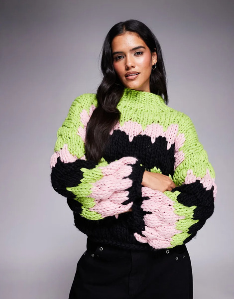  Kiwi & Co Jersey Verde Lima Y Rosa A Rayas Con Cuello Alto, Mangas Globo De Punto Grueso Efecto Burbuja Cosido A Mano Sweetheart De Kiwi & Co-multicolor 