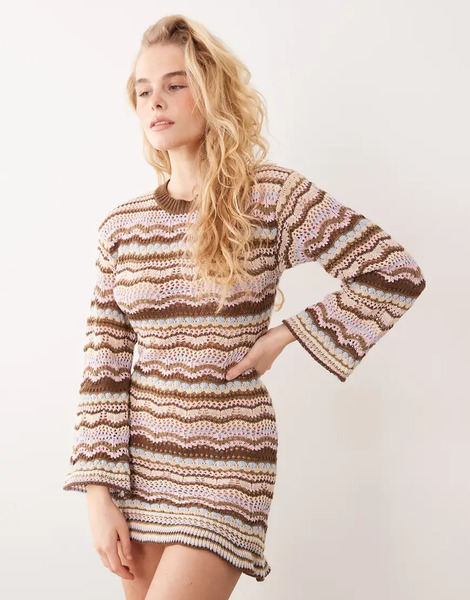  Kiwi & Co Vestido Playero Corto A Rayas Color Chocolate Y Pastel Con Mangas Acampanadas De Croché Walking On Sunshine De Kiwi & Co-multicolor 