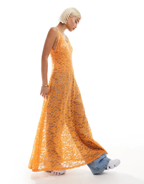  Labelrail Vestido Largo Naranja Con Diseño Escotado En La Parte Delantera De Encaje De Labelrail X Olivia Grace Herring 