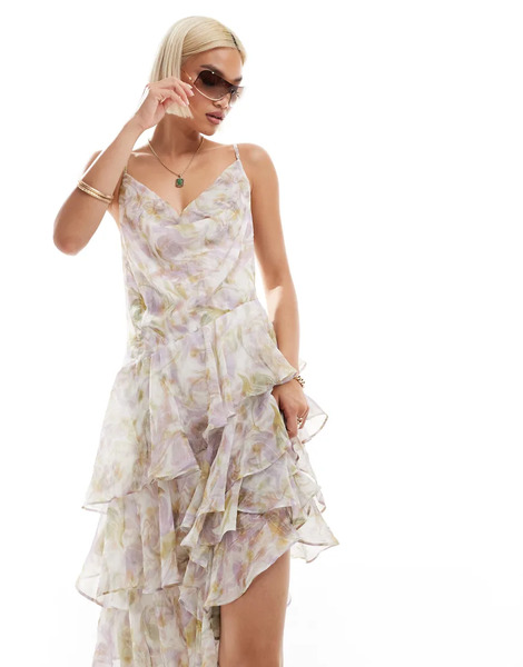  Labelrail Vestido Midi Multicolor Con Estampado Floral Efecto Acuarela Y Volantes De Labelrail X Olivia Grace Herring 