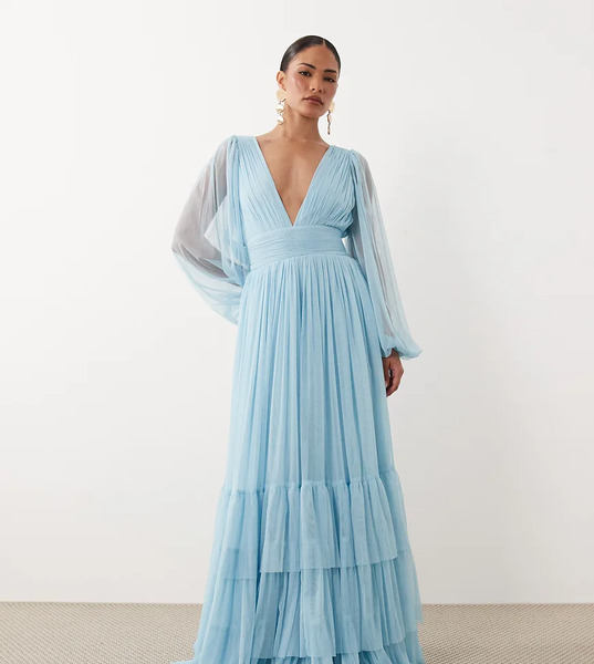  Lace & Beads Petite Lace & Beads Petite - Madison - Vestido De Dama De Honor Largo Azul Pastel Escotado Y Fruncido Con Mangas Transparentes 