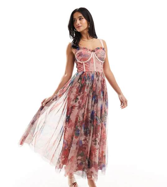  Lace & Beads Petite Vestido Midi Rosa Con Estampado Floral Variado Y Cuerpo Estilo Corsé De Tul De Lace & Beads Petite-multicolor 