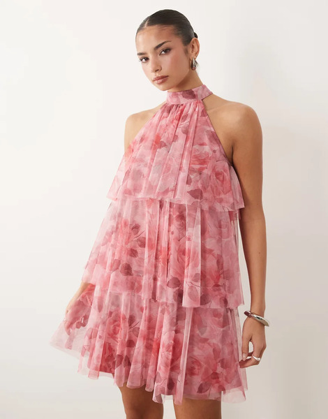  Lace & Beads Lace & Beads - Vestido Corto Rosa Oscuro Escalonado Con Estampado De Rosas Y Cuello Alto De Tul-multicolor 