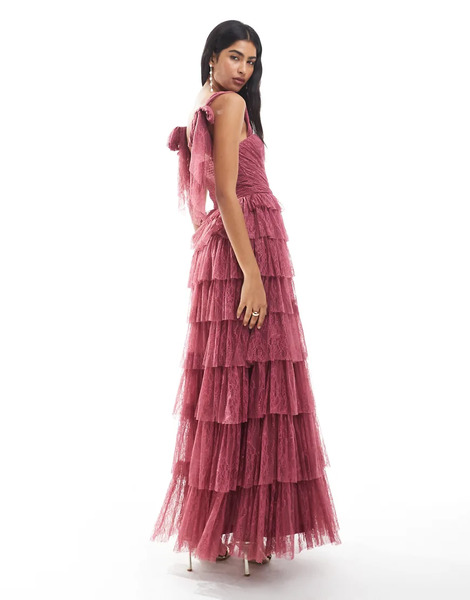  Lace & Beads Vestido De Dama De Honor Largo Rosa Orquídea Con Lazos En Los Hombros De Tul Y Encaje De Lace & Beads 