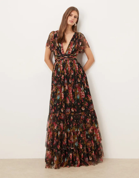  Lace & Beads Vestido Largo Negro Con Estampado Floral, Mangas Fluidas Y Escote De Pico Pronunciado De Tul De Lace & Beads 