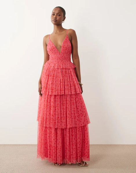  Lace & Beads Lace & Beads - Vestido Largo Rosa Escalonado De Tirantes Con Estampado De Lunares Rojos Y Detalle Escotado De Tul-multicolor 