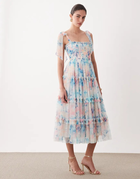  Lace & Beads Vestido Midi Azul Fruncido Con Estampado Floral Abstracto, Lazos En Los Hombros Y Volantes De Lace & Beads-multicolor 