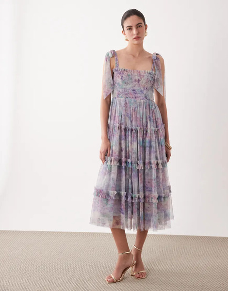  Lace & Beads Vestido Midi Morado Fruncido Con Estampado Abstracto, Lazos En Los Hombros Y Volantes De Lace & Beads-multicolor 