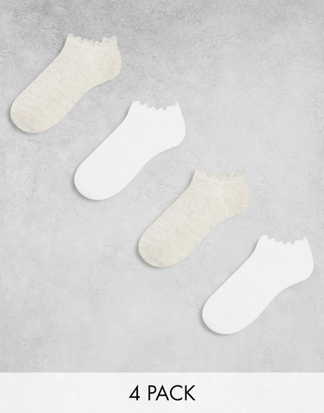  Lindex Pack De 4 Pares De Calcetines Tobilleros De Color Blanco Y Beis Con Volantes En El Borde De Canalé De Lindex-multicolor 