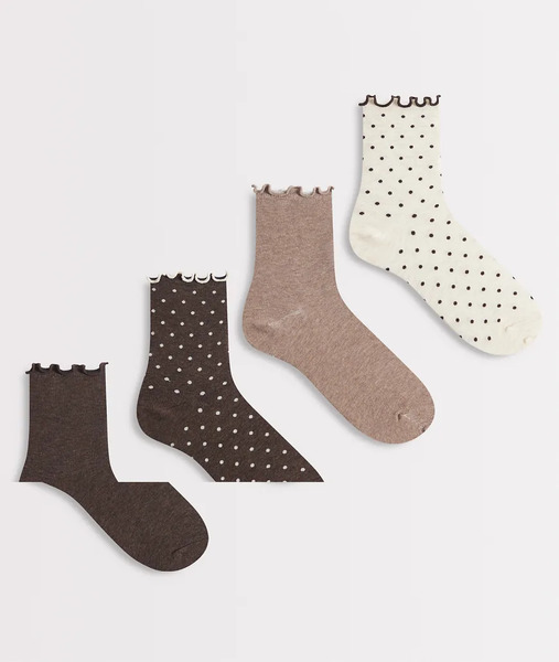  Lindex Pack De 4 Pares De Calcetines Tobilleros Marrones De Caña Alta Con Estampado De Lunares Y Bordes Ondulados De Lindex-brown 