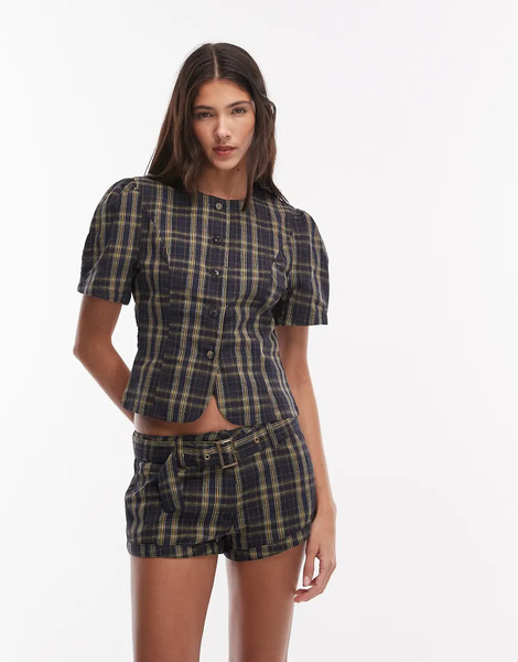  Lioness Blusa Azul Marino A Cuadros Amarillo Limón Con Mangas Abullonadas Y Botones De Tejido Rico En Algodón Femme De Lioness (parte De Un Conjunto)-multicolor 