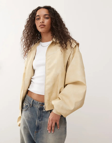  Lioness Chaqueta Bomber Amarillo Limón Pastel Con Pespuntes En Contraste De Tejido Efecto Cuero Vista Exclusiva De Lioness 