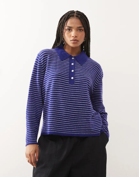  Lioness Jersey Azul A Rayas De Manga Larga Y Corte Cuadrado Con Cuello Tipo Polo De Punto Mayfair De Lioness 
