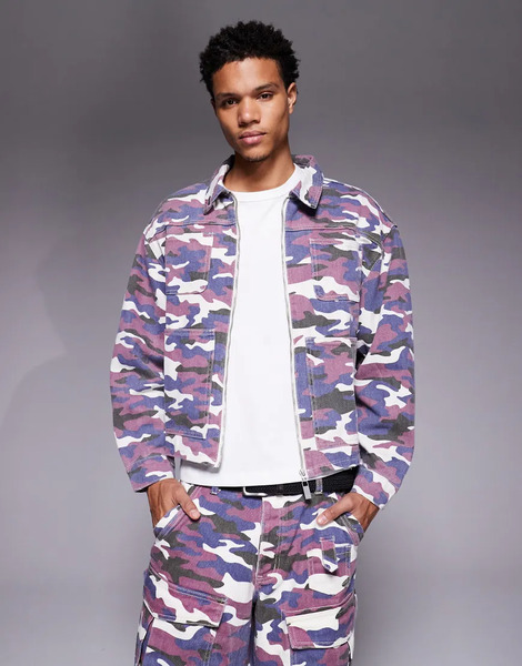 Liquor N Poker Chaqueta Vaquera Burdeos Holgada Con Estampado De Camuflaje Y Cremallera De Liquor N Poker (parte De Un Conjunto)-multicolor 
