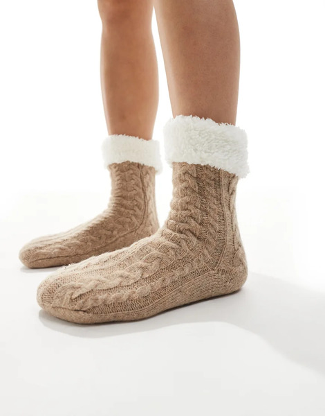  Loungeable Calcetines Tipo Pantuflas Color Avena Jaspeado De Punto De Ochos Suave Con Forro De Sherpa De Loungeable-neutro 