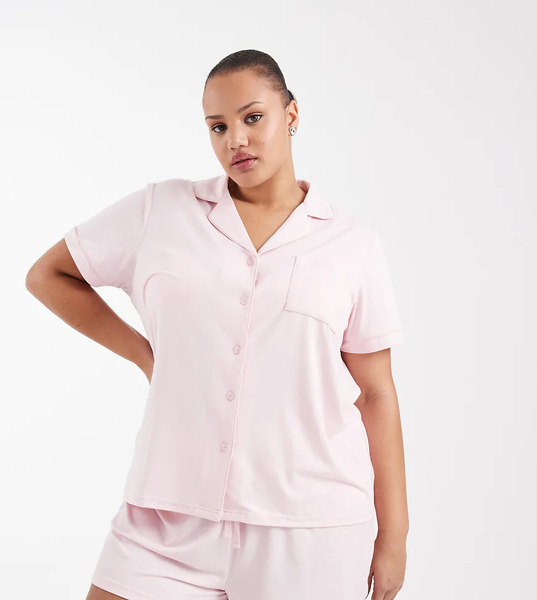  Loungeable Conjunto Rosa Apagado De Pantalones Cortos Y Camisa De Manga Corta De Punto Liso Muy Suave De Loungeable Curve 